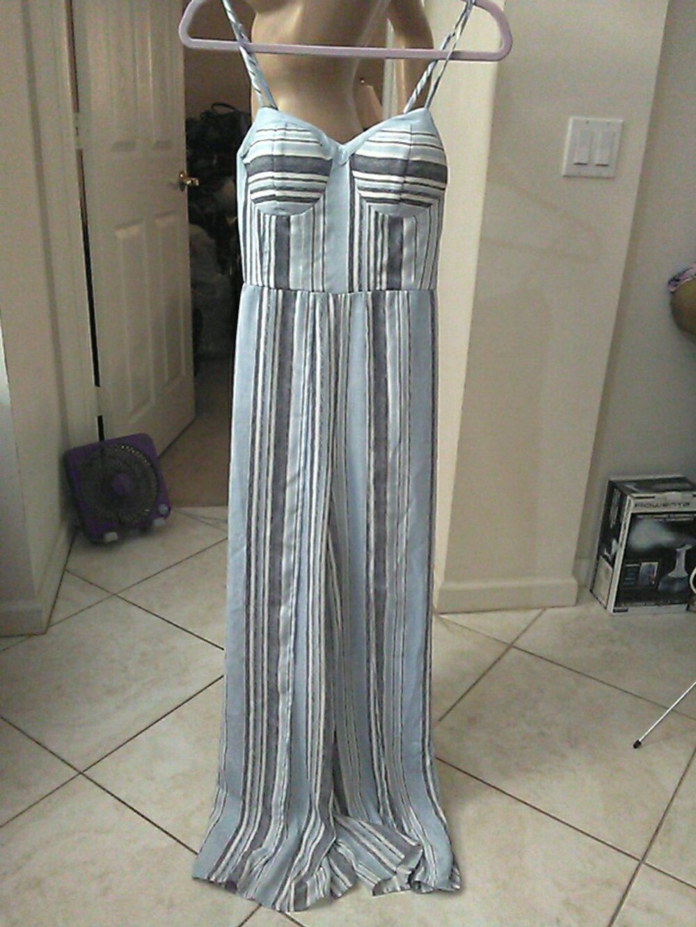 NWOT Xhilaration Light Blue & White Striped Wide-Leg Jumpsuit Open Sides Legs S